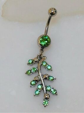 Green gem vine leaf dangle belly button ring navel ring piercing 14 gauge new